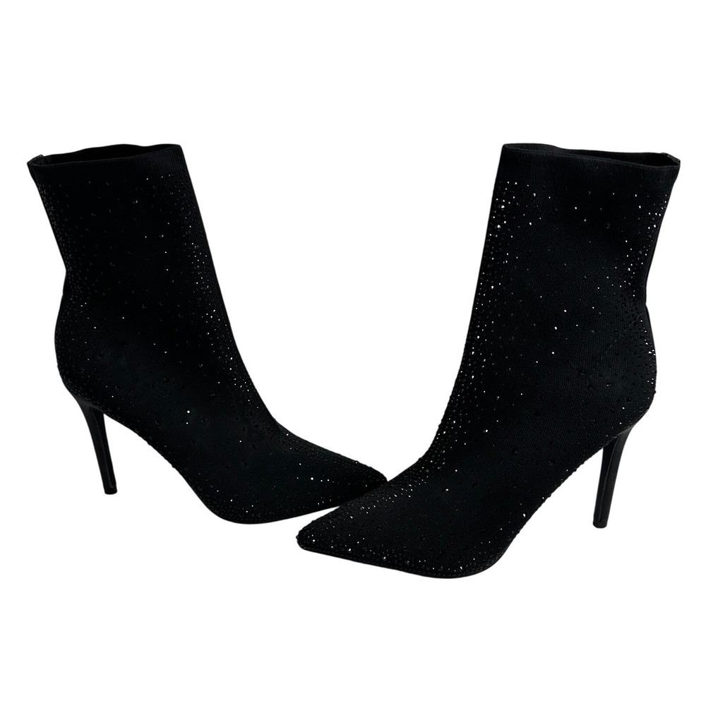 ID Required Black Sparkle Rhinestone Sock Boots Stiletto Heel Pointed Toe SZ 10